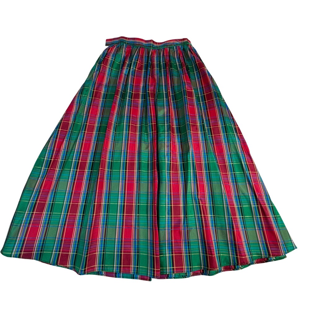 Vintage Taffeta Maxi Skirt 24 Green Red Plaid High Waist READ